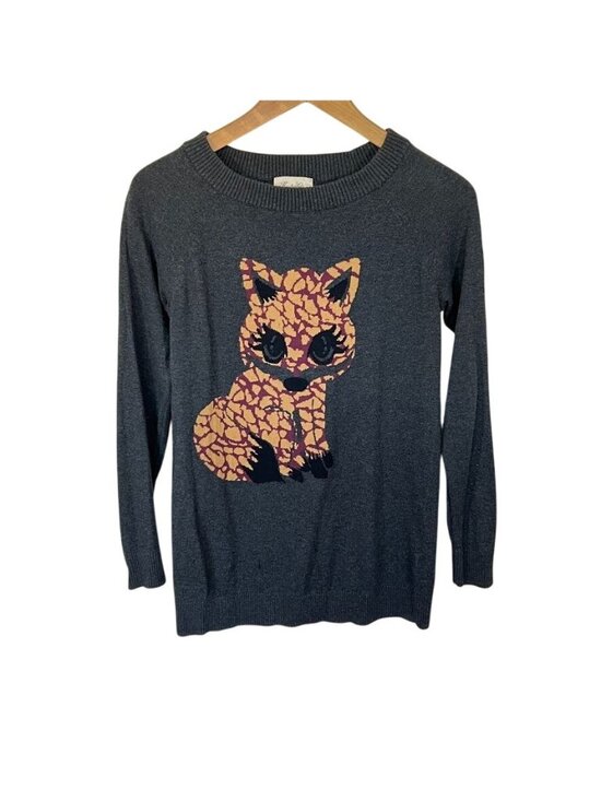 Forever 21 Sweaters - Gray Novelty Cat Graphic Sweater Sz S Cotton Whimsical Kawaii Lightweight Y2K